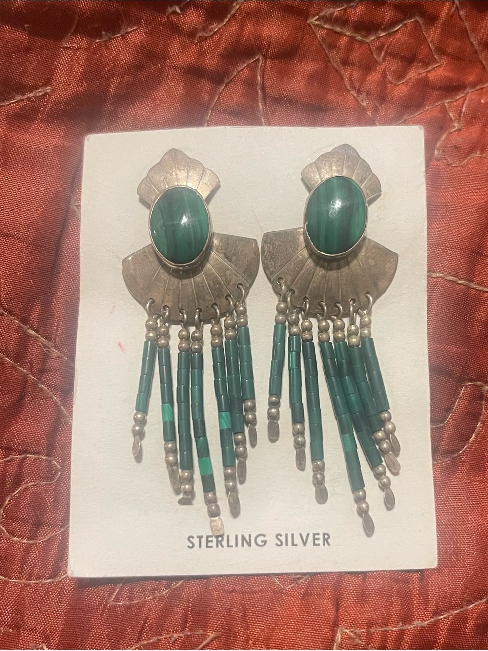 Navajo Sterling Silver and Malachite Stone Fringe Earrings